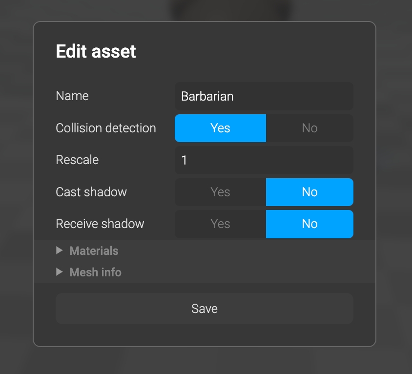 3D Model asset settings
